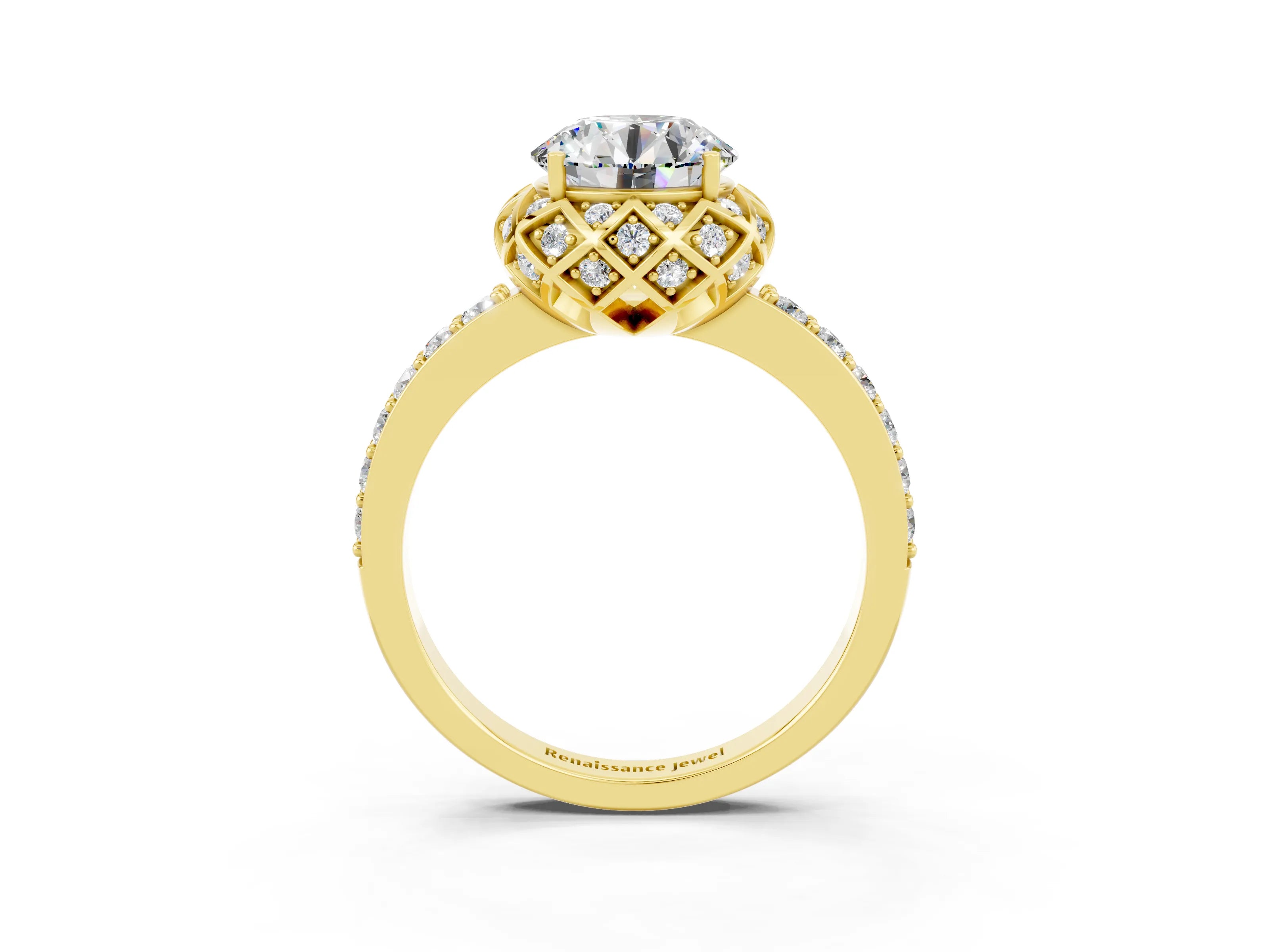 Yellow gold Round Cut Diamond Solitaire Ring with Shared Prong Pavé Band_3