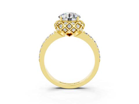 Yellow gold Round Cut Diamond Solitaire Ring with Shared Prong Pavé Band_3