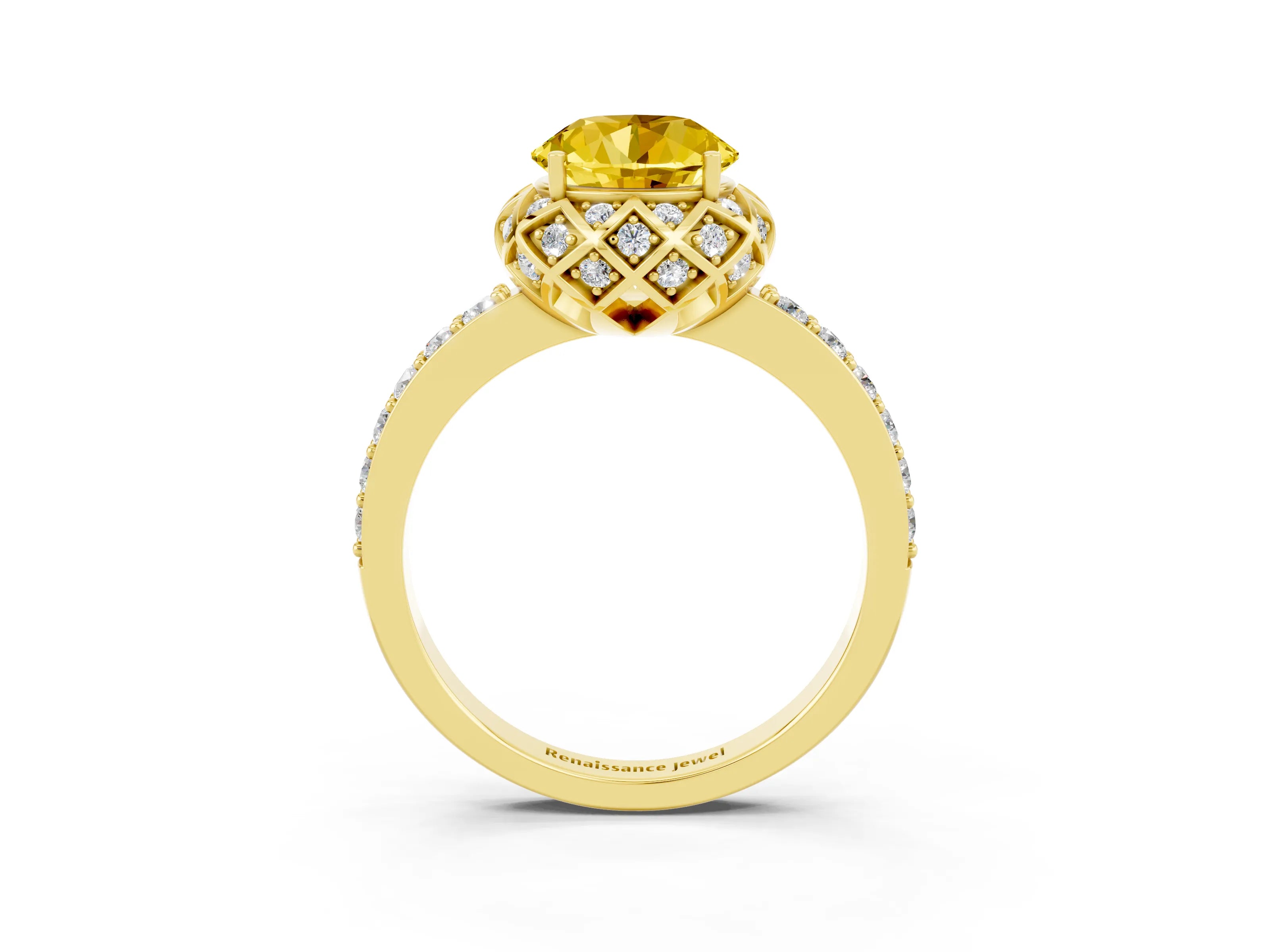 Yellow gold Round Cut Diamond Solitaire Ring with Shared Prong Pavé Band_3