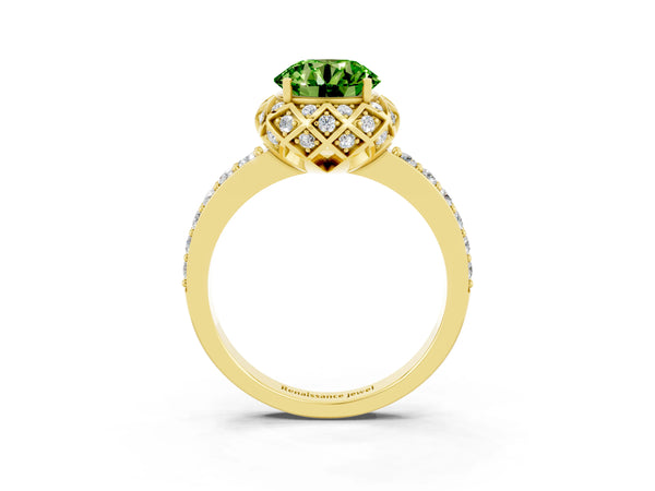 Yellow gold Round Cut Diamond Solitaire Ring with Shared Prong Pavé Band
