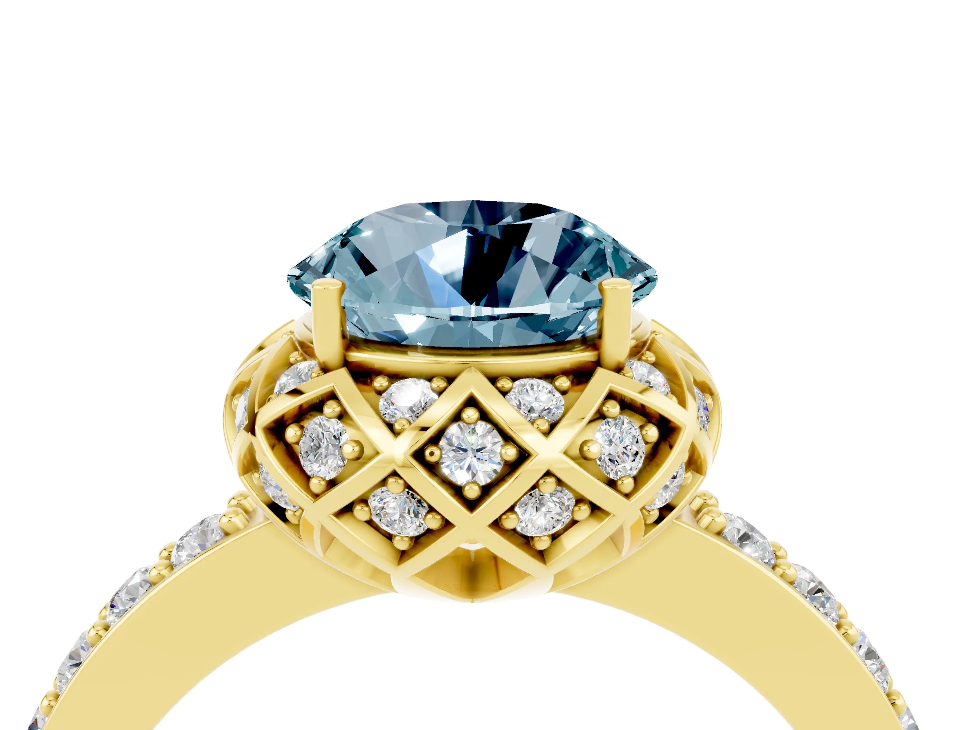 Yellow gold Round Cut Diamond Solitaire Ring with Shared Prong Pavé Band_4