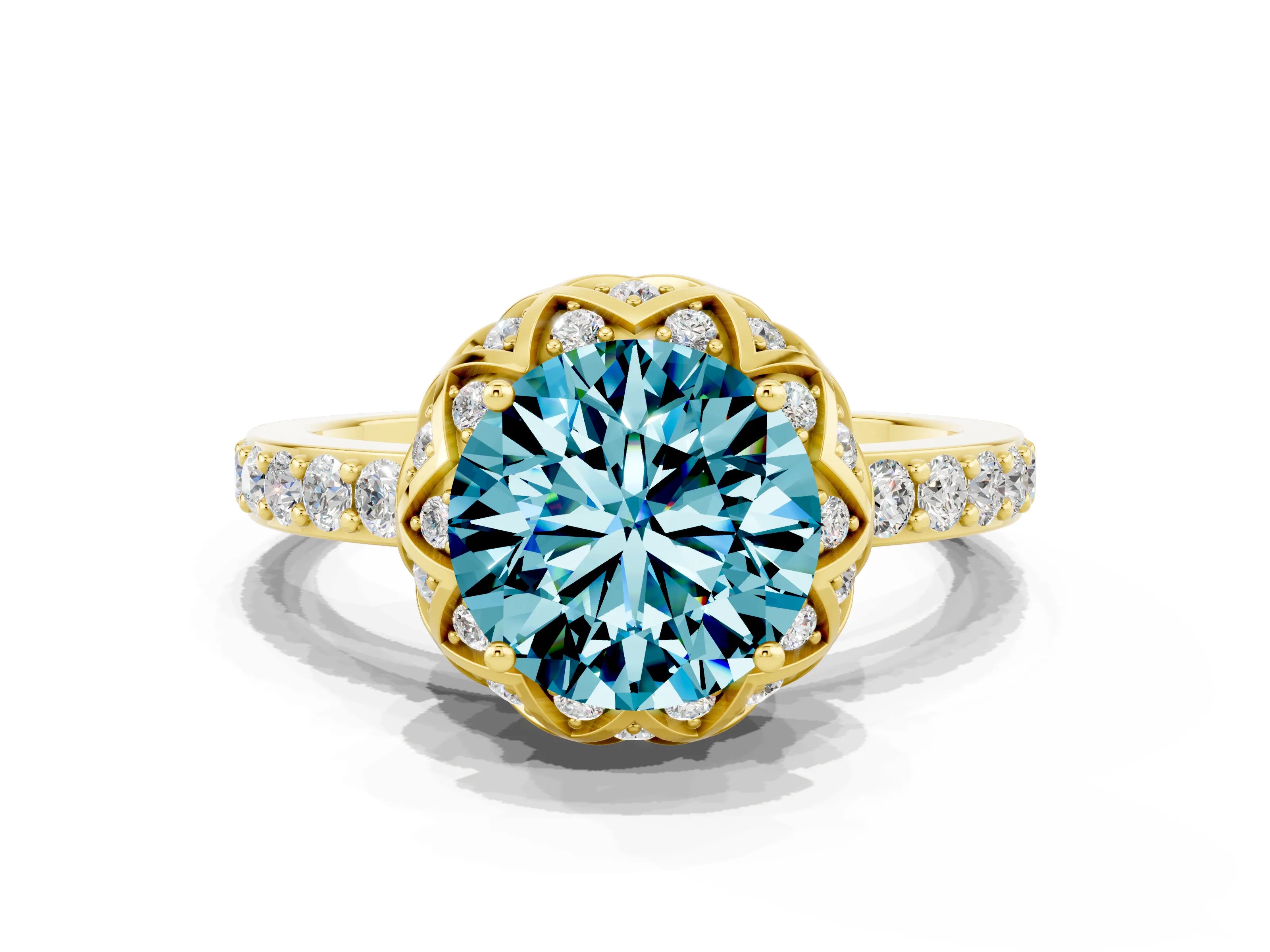 Yellow gold Round Cut Diamond Solitaire Ring with Shared Prong Pavé Band