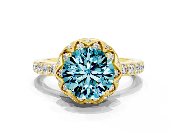 Yellow gold Round Cut Diamond Solitaire Ring with Shared Prong Pavé Band