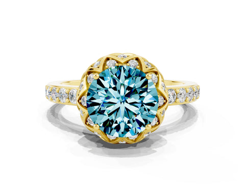 Yellow gold Round Cut Diamond Solitaire Ring with Shared Prong Pavé Band