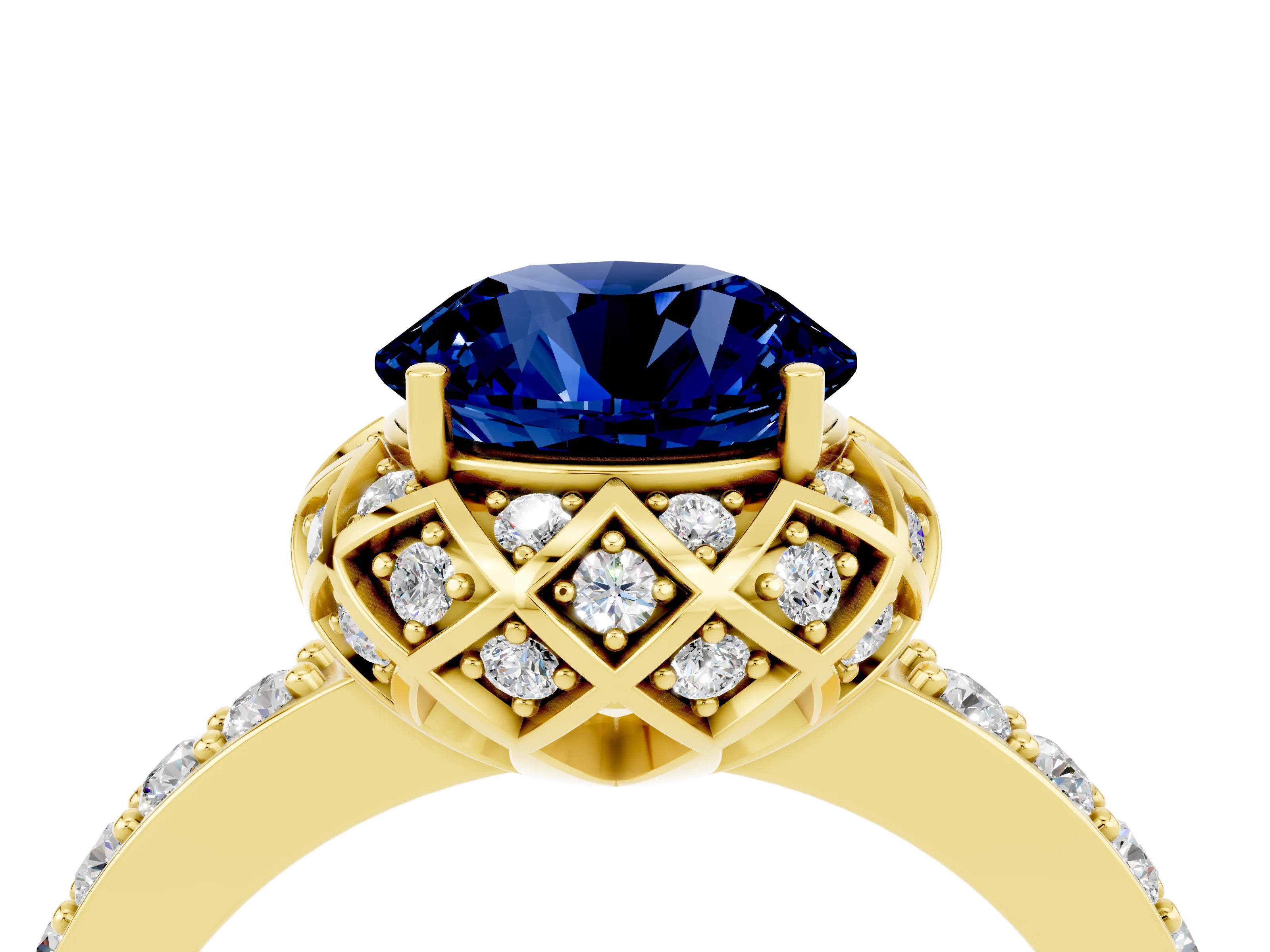 Yellow gold Round Cut Diamond Solitaire Ring with Shared Prong Pavé Band_4