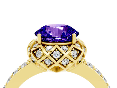 Yellow gold Round Cut Diamond Solitaire Ring with Shared Prong Pavé Band_4