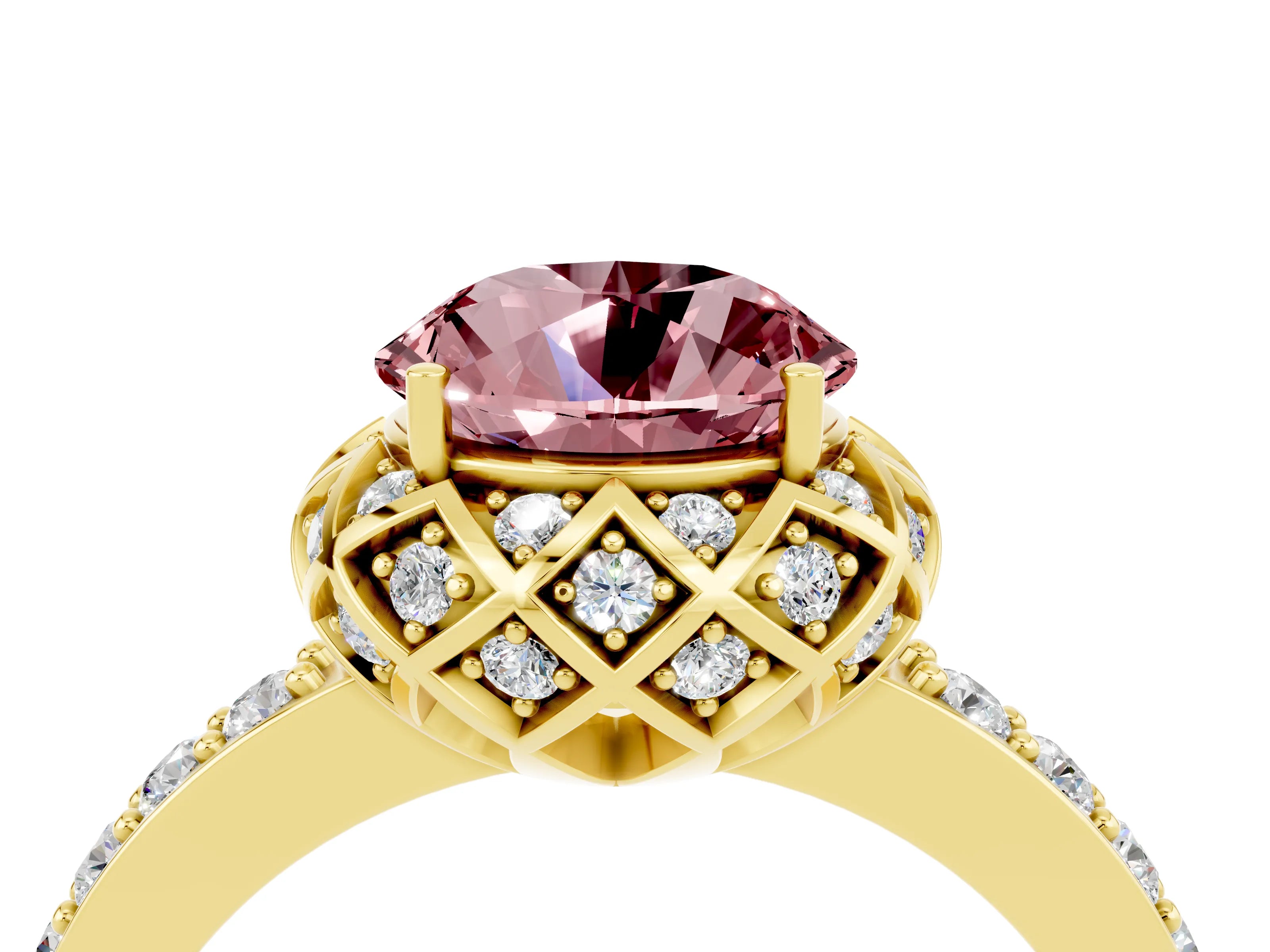 Yellow gold Round Cut Diamond Solitaire Ring with Shared Prong Pavé Band_4
