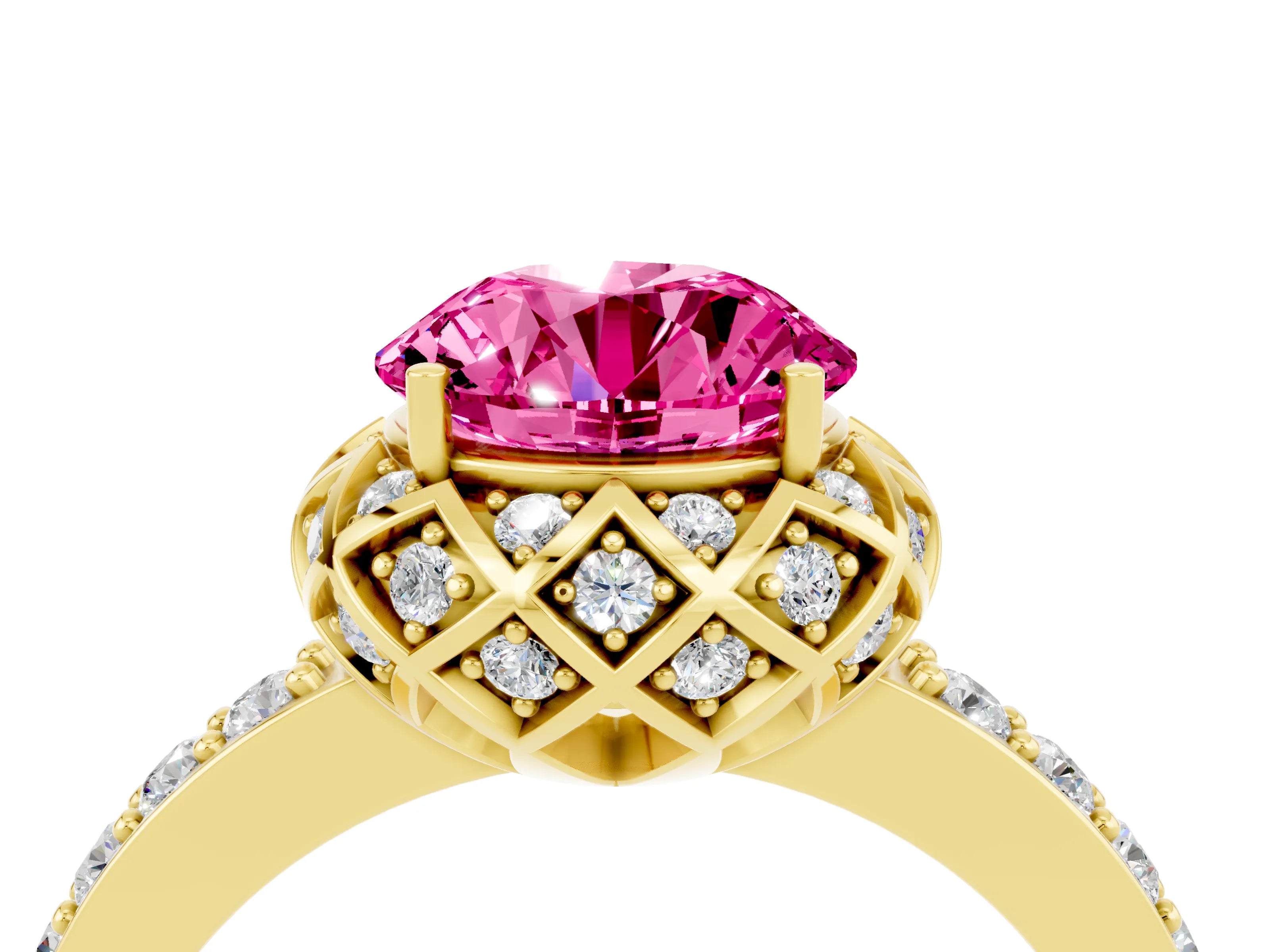 Yellow gold Round Cut Diamond Solitaire Ring with Shared Prong Pavé Band_4