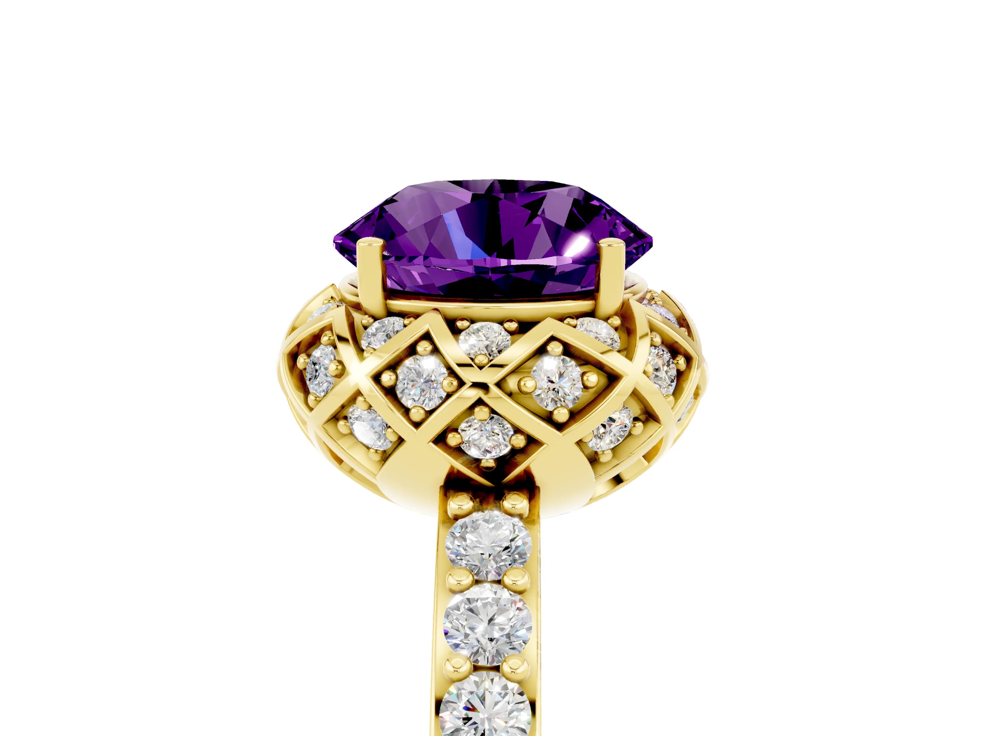 Yellow gold Round Cut Diamond Solitaire Ring with Shared Prong Pavé Band_5
