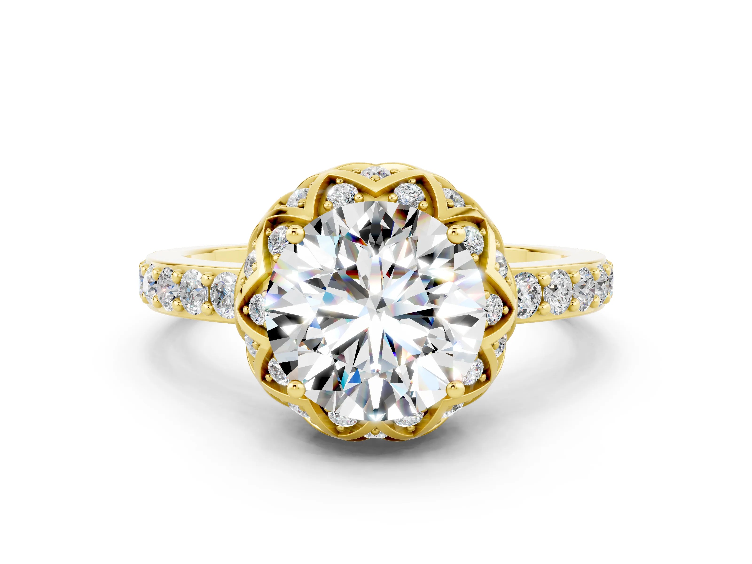 Yellow gold Round Cut Diamond Solitaire Ring with Shared Prong Pavé Band