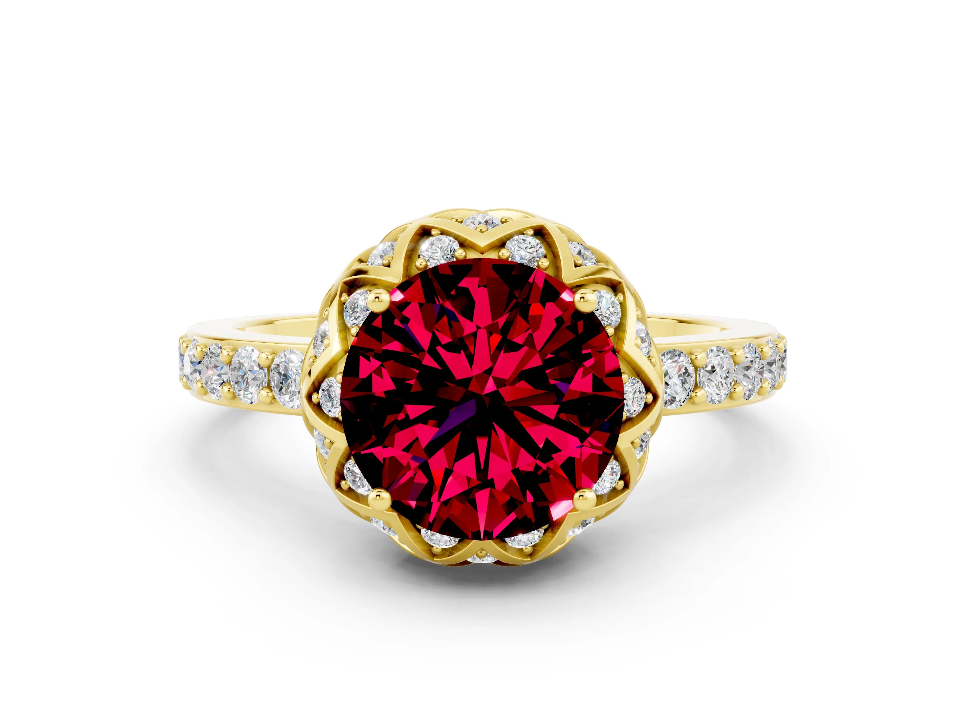 Yellow gold Round Cut Diamond Solitaire Ring with Shared Prong Pavé Band