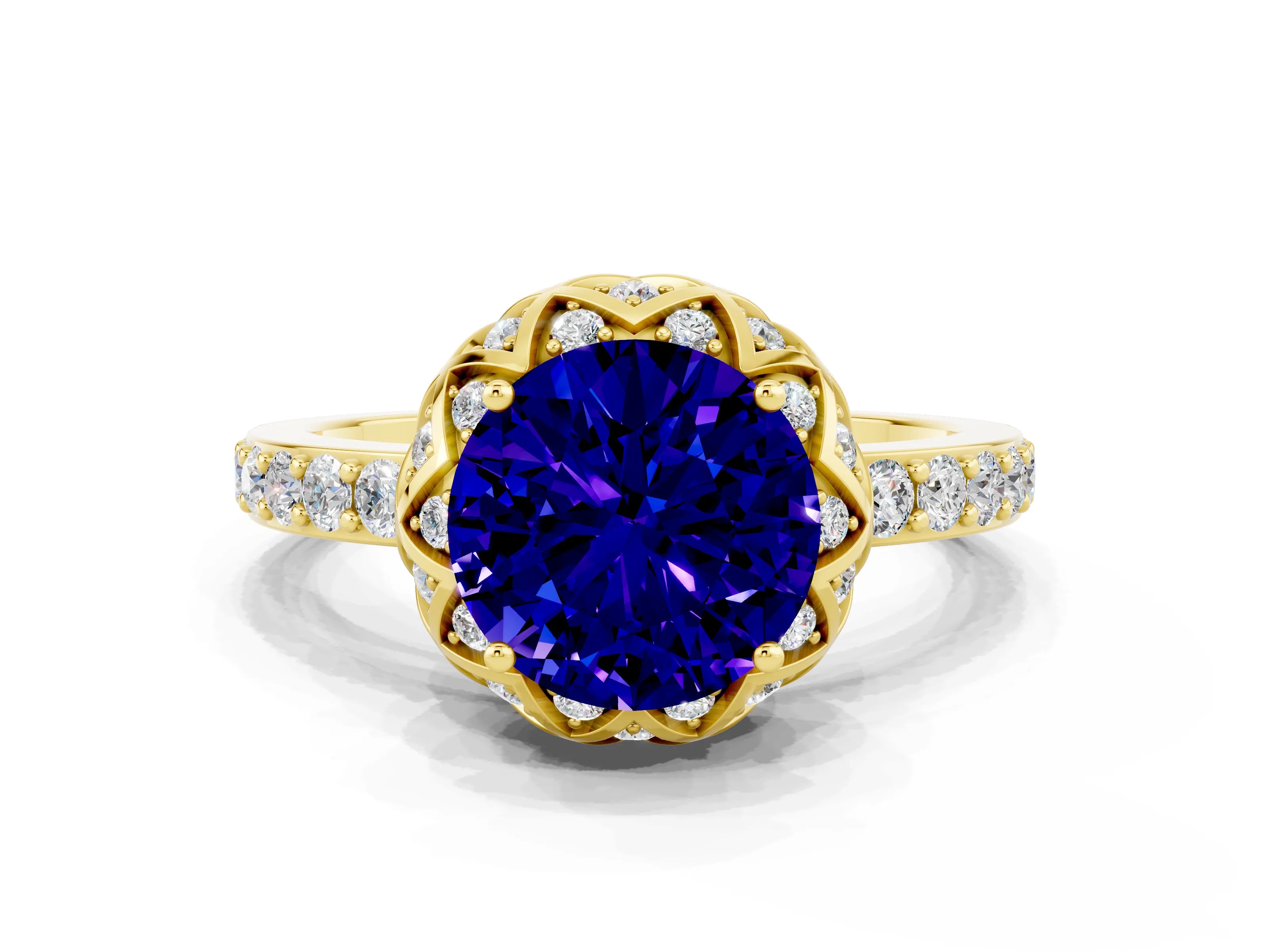 Yellow gold Round Cut Diamond Solitaire Ring with Shared Prong Pavé Band