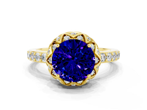 Yellow gold Round Cut Diamond Solitaire Ring with Shared Prong Pavé Band