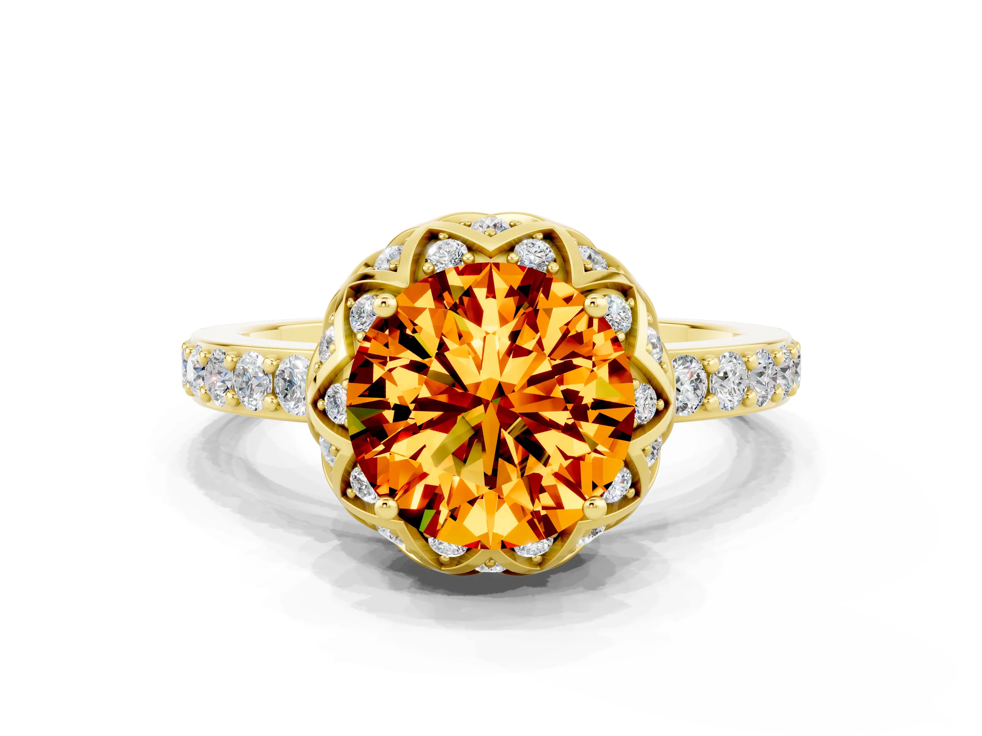 Yellow gold Round Cut Diamond Solitaire Ring with Shared Prong Pavé Band