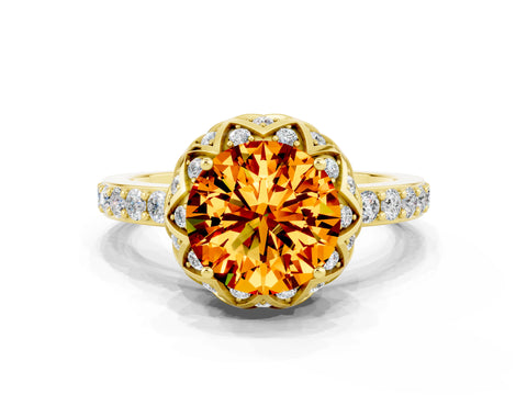Yellow gold Round Cut Diamond Solitaire Ring with Shared Prong Pavé Band