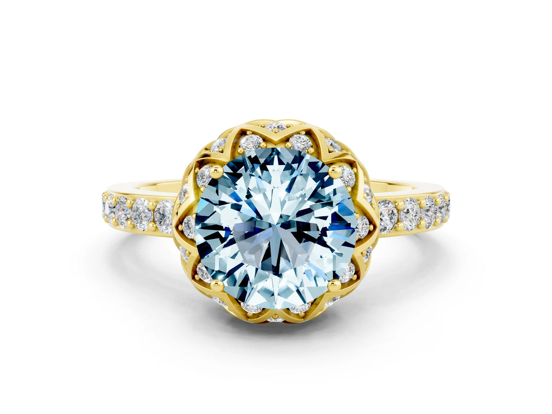 Yellow gold Round Cut Diamond Solitaire Ring with Shared Prong Pavé Band