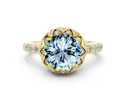 Yellow gold Round Cut Diamond Solitaire Ring with Shared Prong Pavé Band
