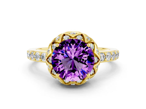 Yellow gold Round Cut Diamond Solitaire Ring with Shared Prong Pavé Band
