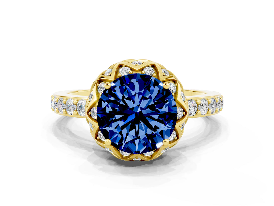 Yellow gold Round Cut Diamond Solitaire Ring with Shared Prong Pavé Band