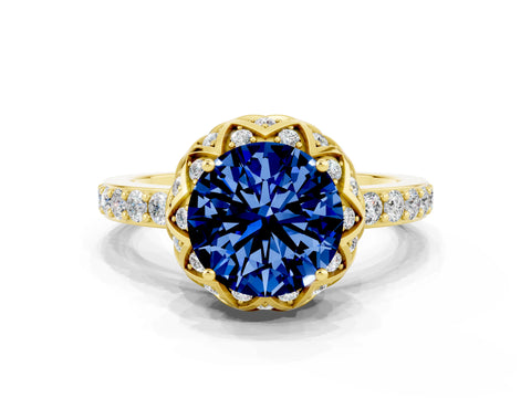 Yellow gold Round Cut Diamond Solitaire Ring with Shared Prong Pavé Band