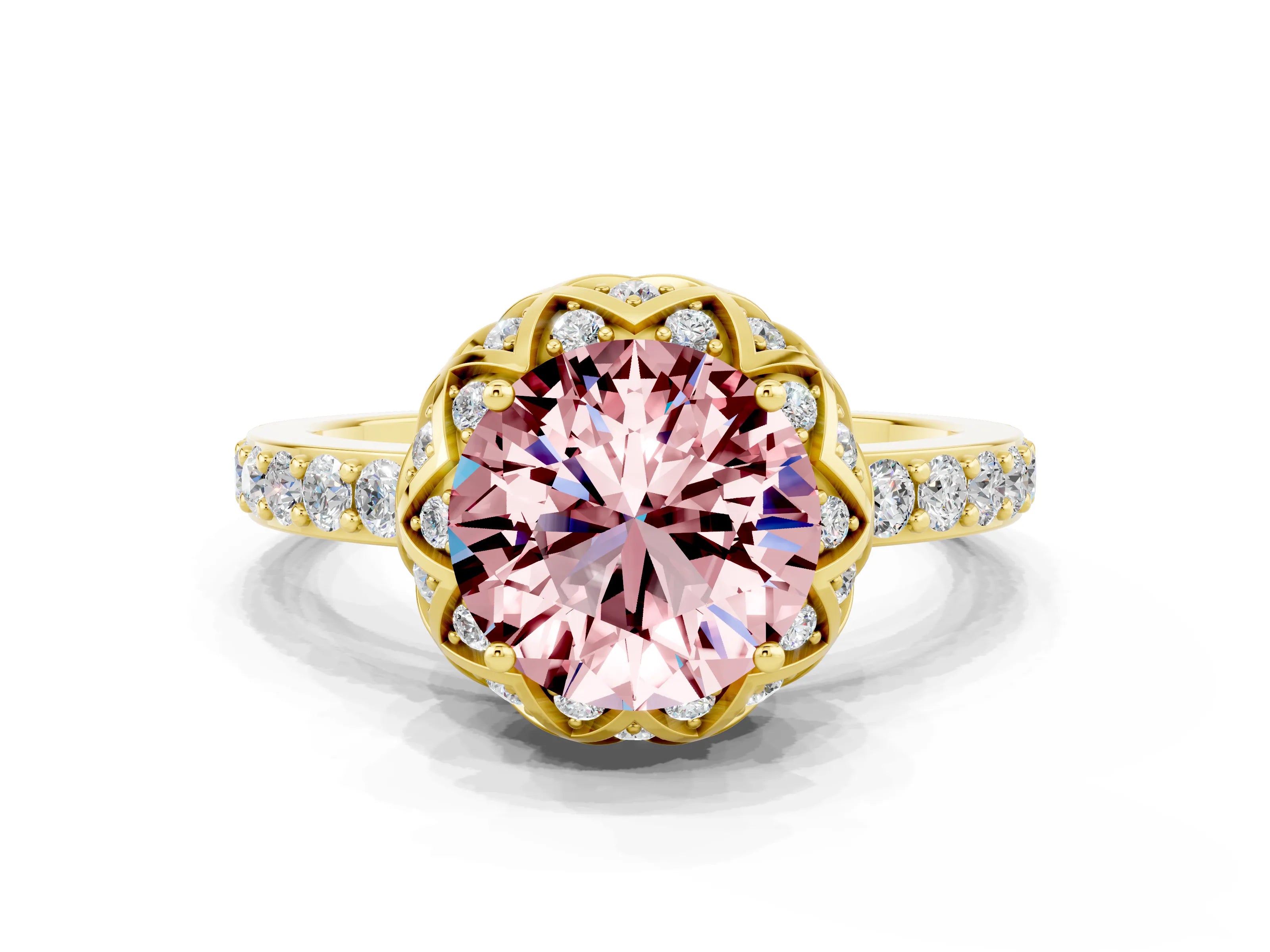 Yellow gold Round Cut Diamond Solitaire Ring with Shared Prong Pavé Band