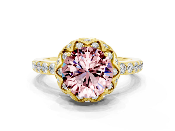 Yellow gold Round Cut Diamond Solitaire Ring with Shared Prong Pavé Band