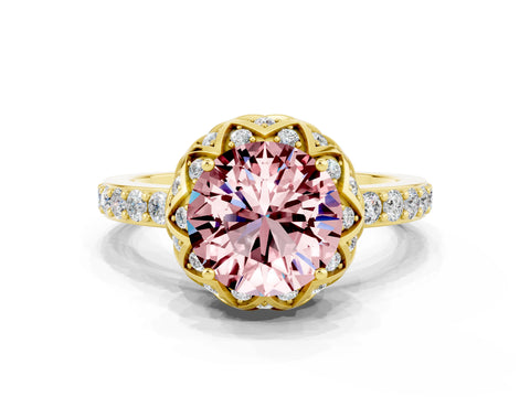 Yellow gold Round Cut Diamond Solitaire Ring with Shared Prong Pavé Band
