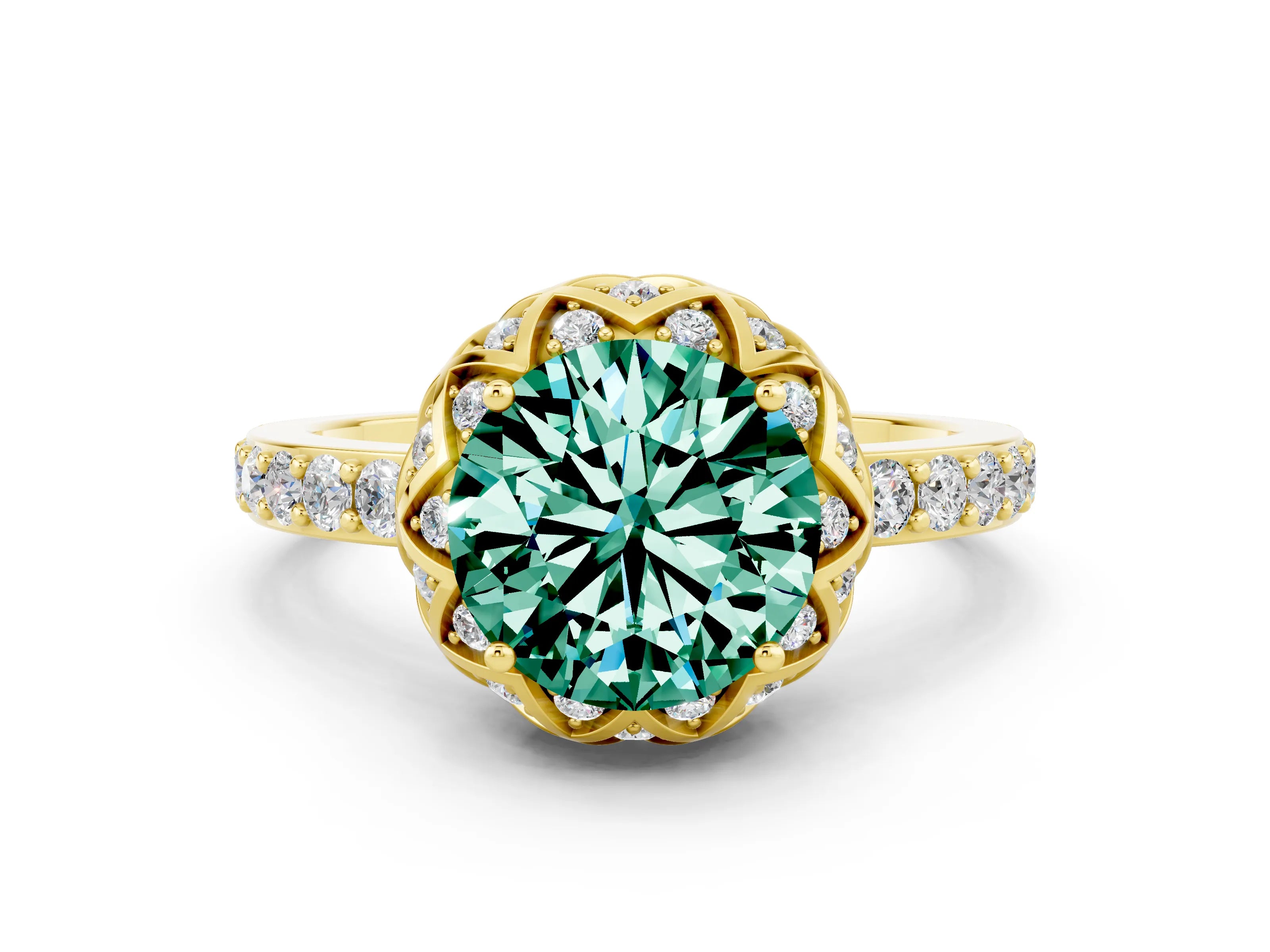 Yellow gold Round Cut Diamond Solitaire Ring with Shared Prong Pavé Band
