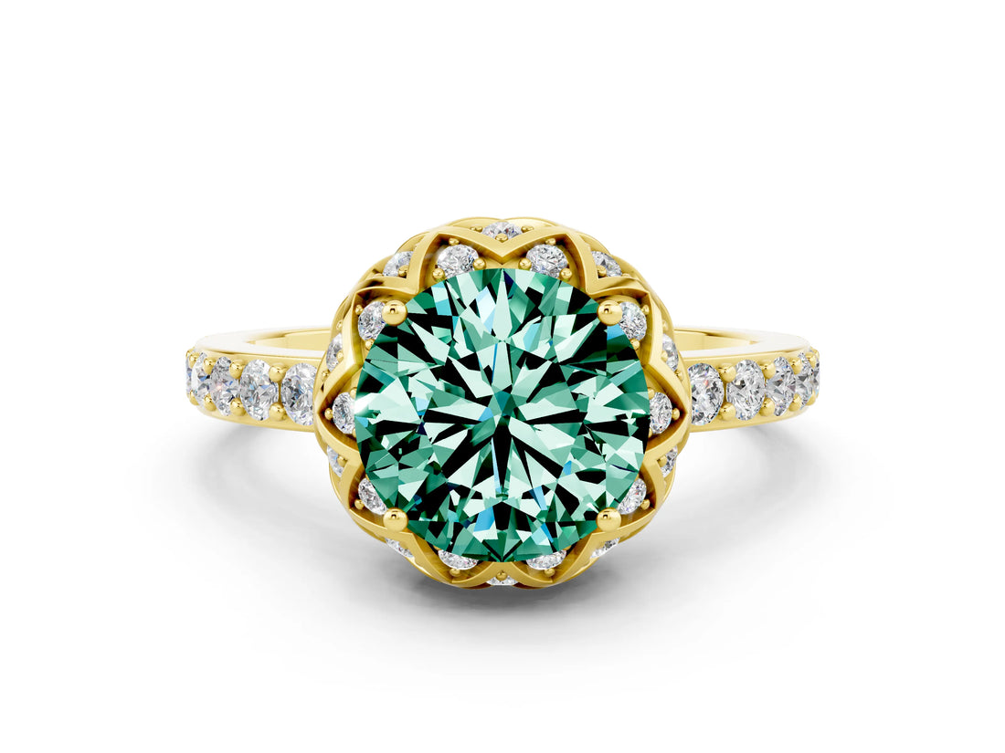 Yellow gold Round Cut Diamond Solitaire Ring with Shared Prong Pavé Band