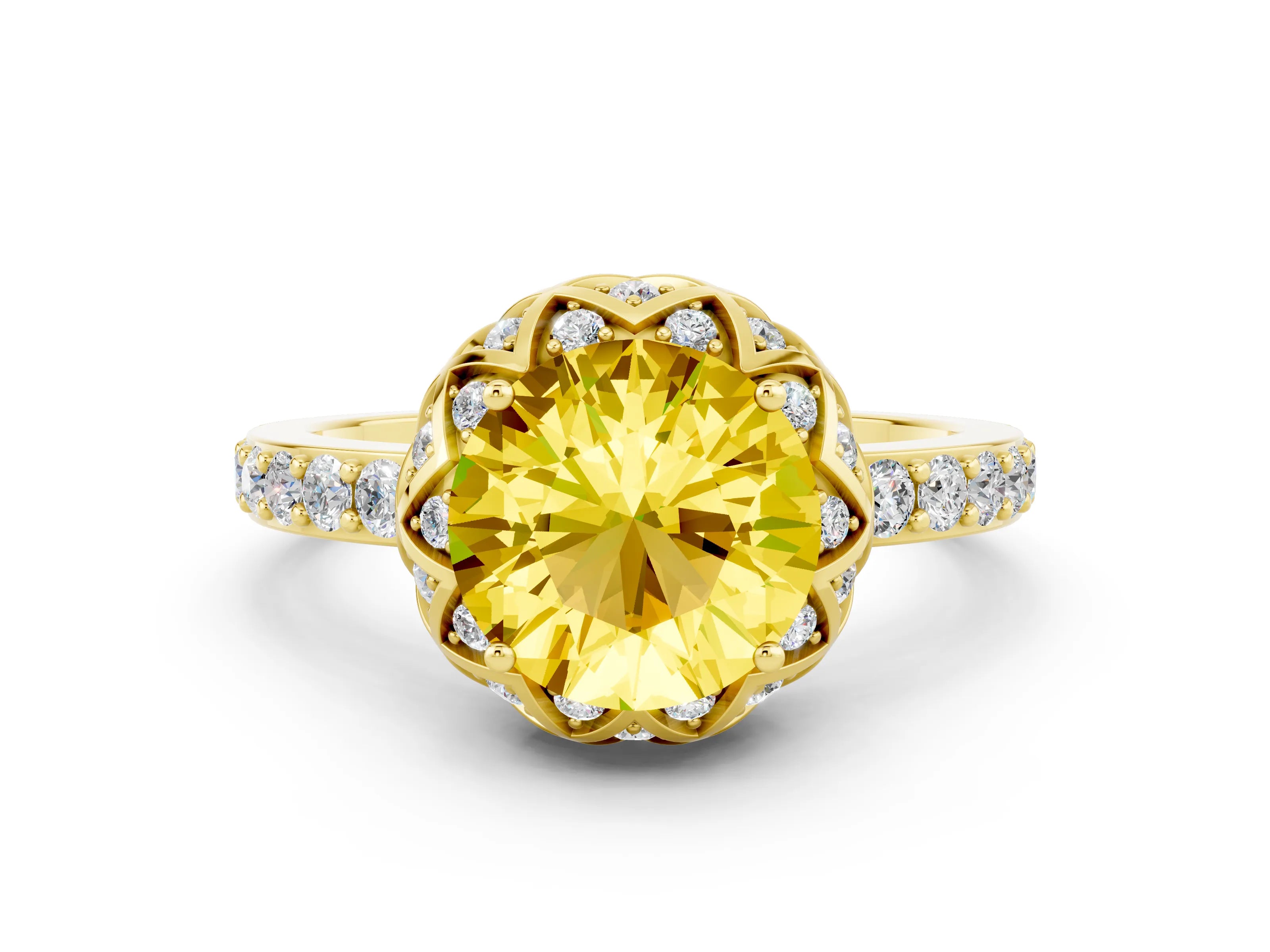 Yellow gold Round Cut Diamond Solitaire Ring with Shared Prong Pavé Band