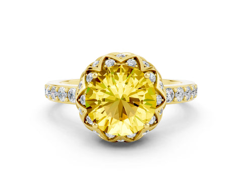Yellow gold Round Cut Diamond Solitaire Ring with Shared Prong Pavé Band