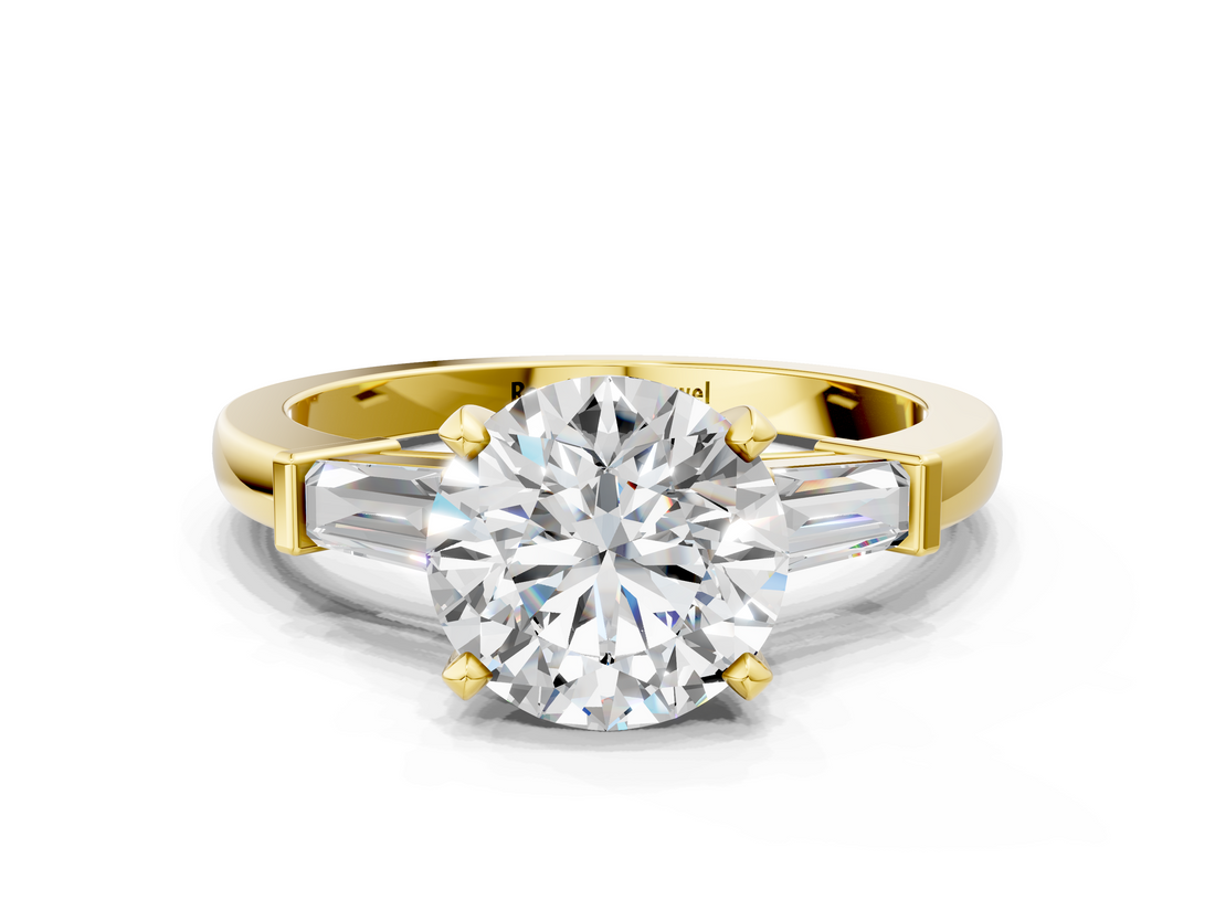 Yellow gold Round Cut Diamond Solitaire Ring with Tapered Baguette Accents and Four-Prong Setting_76
