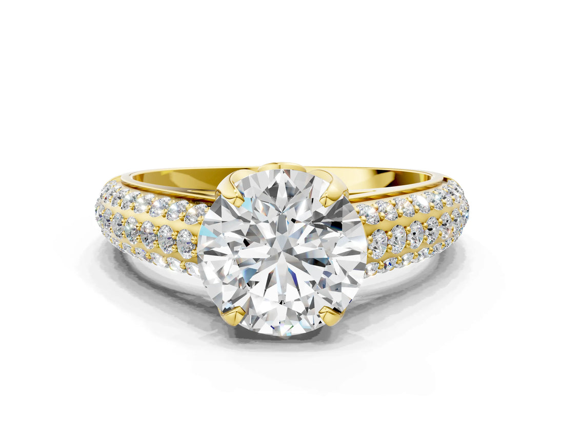 Yellow gold Round Cut Diamond Solitaire Ring with Three-Row Pavé Band and Four-Prong Setting_73