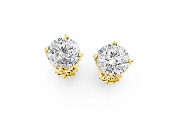 Yellow gold Round Diamond Flower Petal Solitaire Stud Earrings