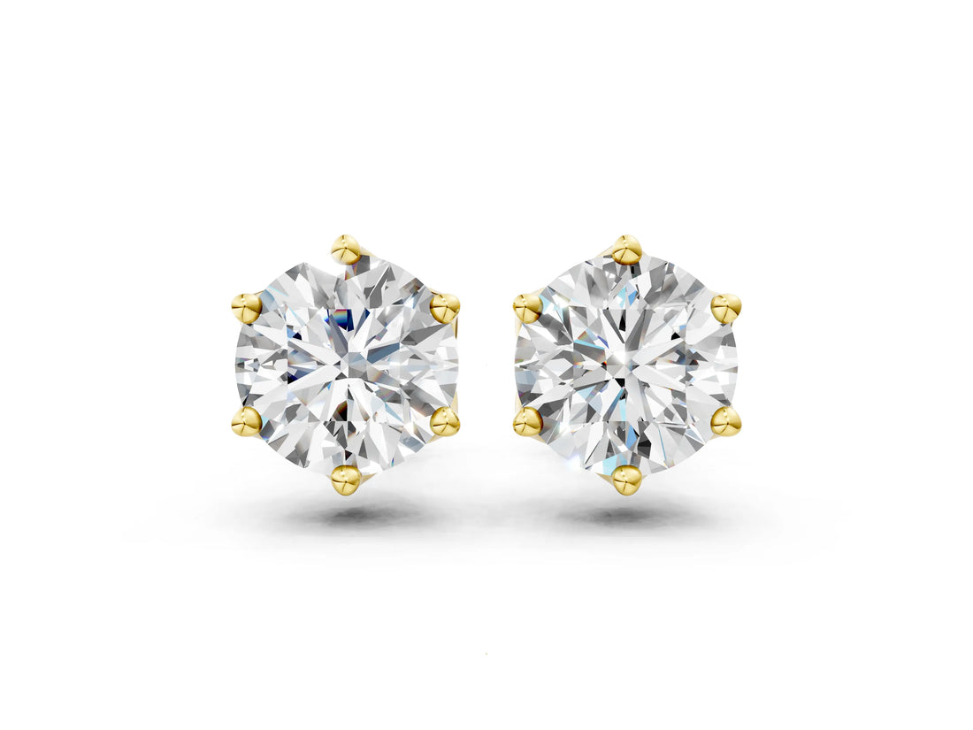 Yellow gold Round Cut Diamond Solitaire Stud Earrings with Six-Prong Floral Setting_6