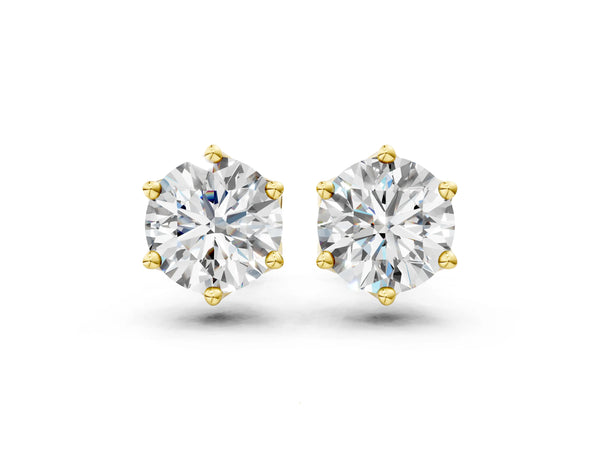 Yellow gold Round Diamond Six Prong Flower Petal Solitaire Stud Earrings