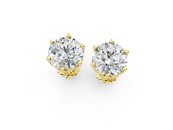 Yellow gold Round Diamond Six Prong Flower Petal Solitaire Stud Earrings