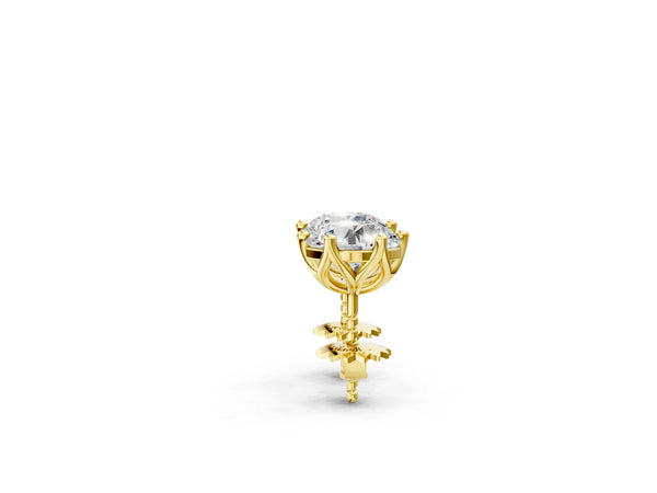 Yellow gold Round Diamond Six Prong Flower Petal Solitaire Stud Earrings