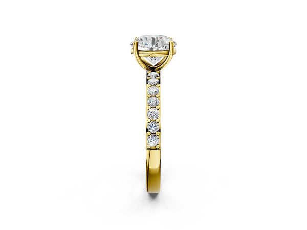 Yellow gold Round Cut Diamond Solitaire with Pave Band and Four-Prong Setting