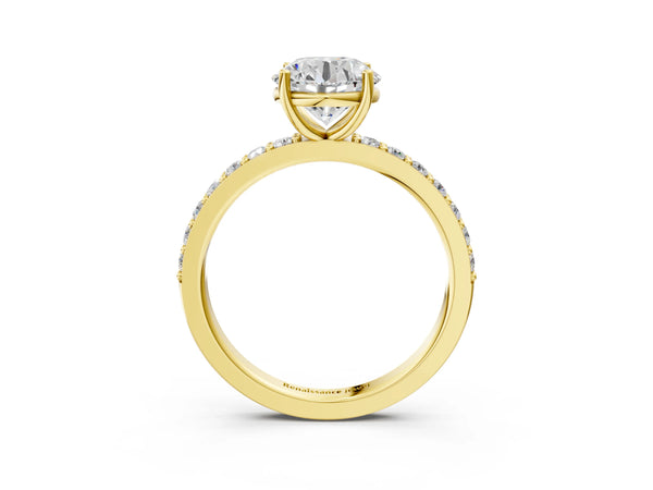 Yellow gold Round Cut Diamond Solitaire with Pave Band and Four-Prong Setting