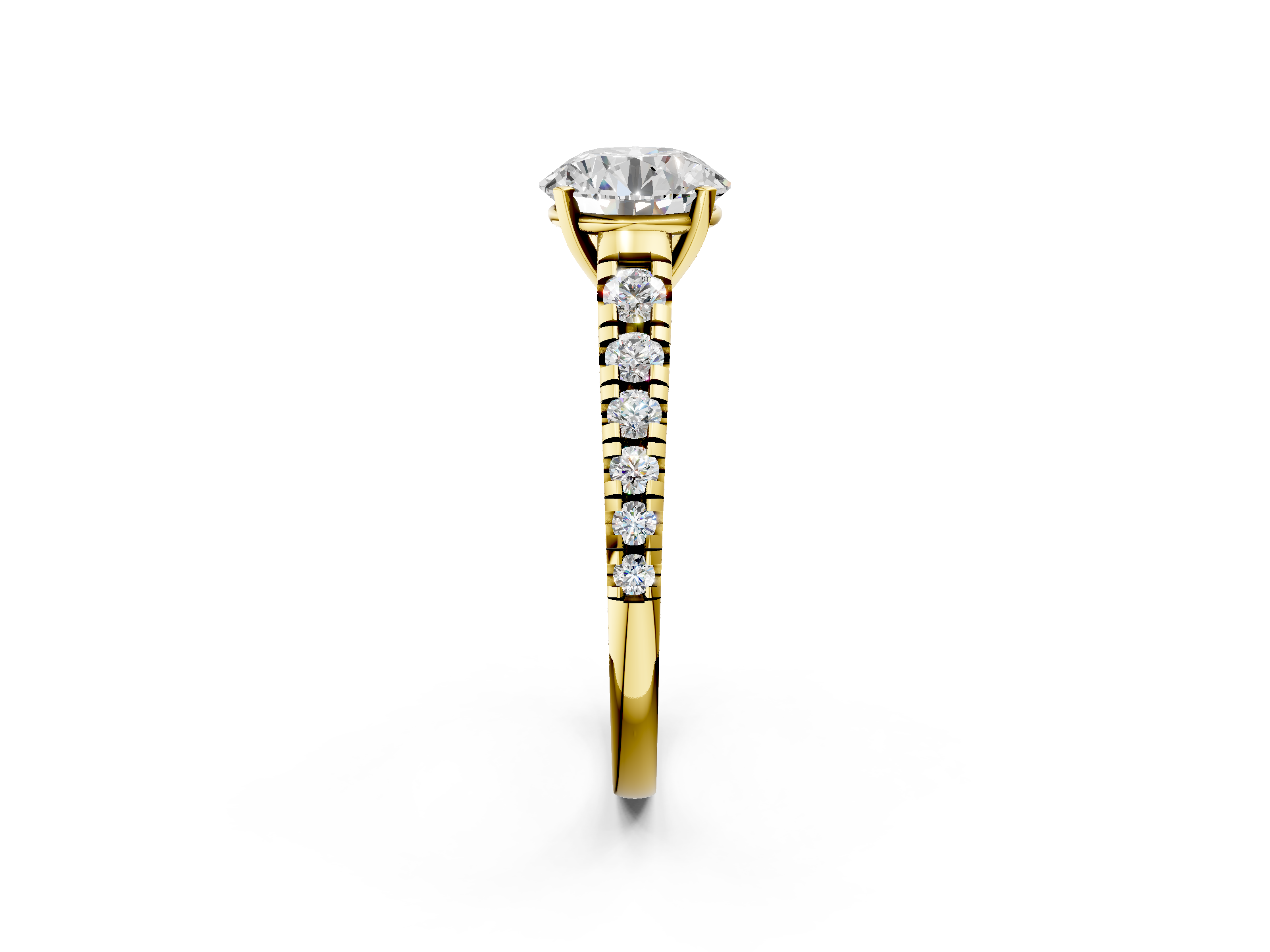 Yellow gold Round Cut Diamond Solitaire with Pave Band and Four-Prong Setting_132