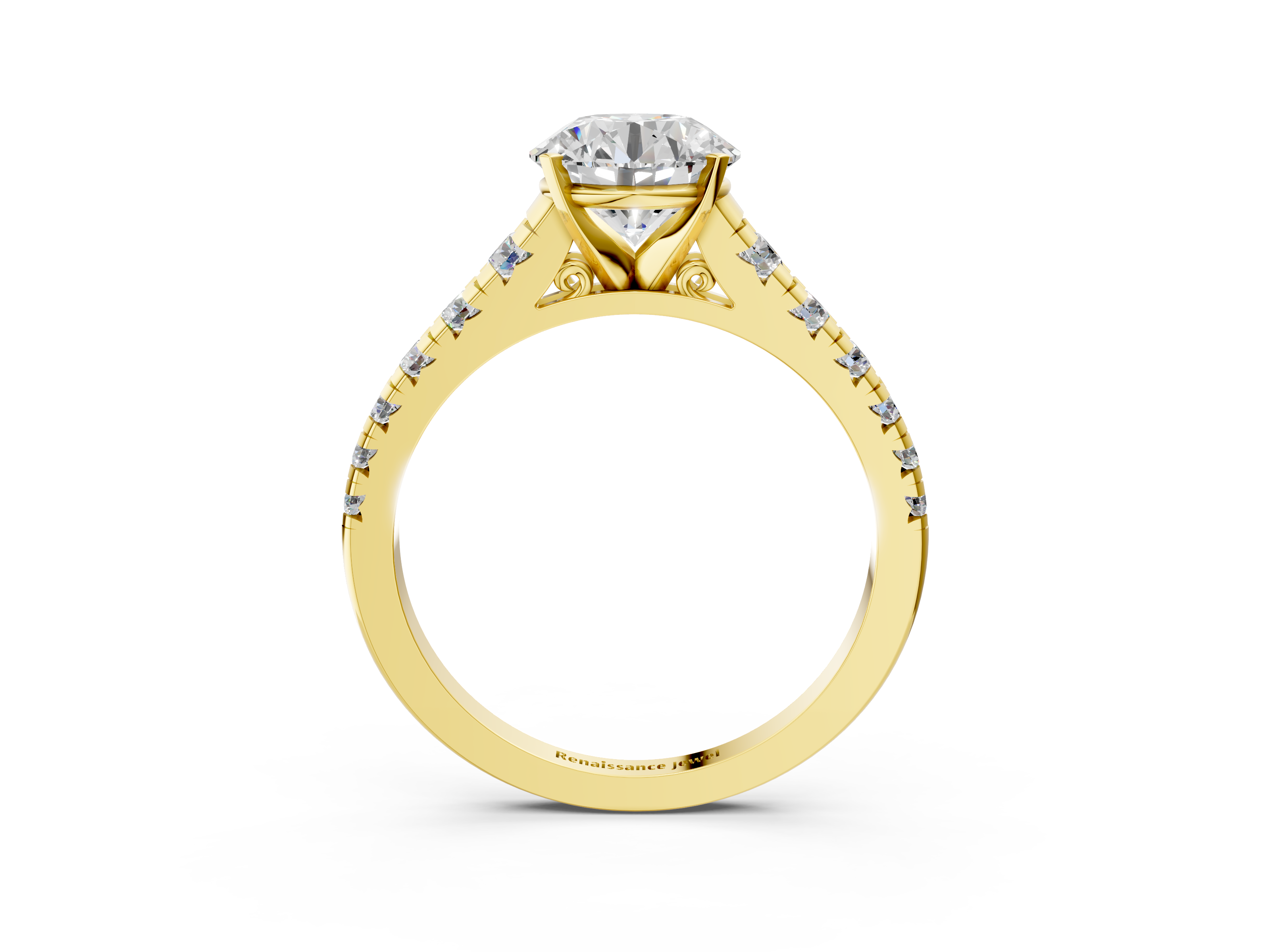 Yellow gold Round Cut Diamond Solitaire with Pave Band and Four-Prong Setting_133