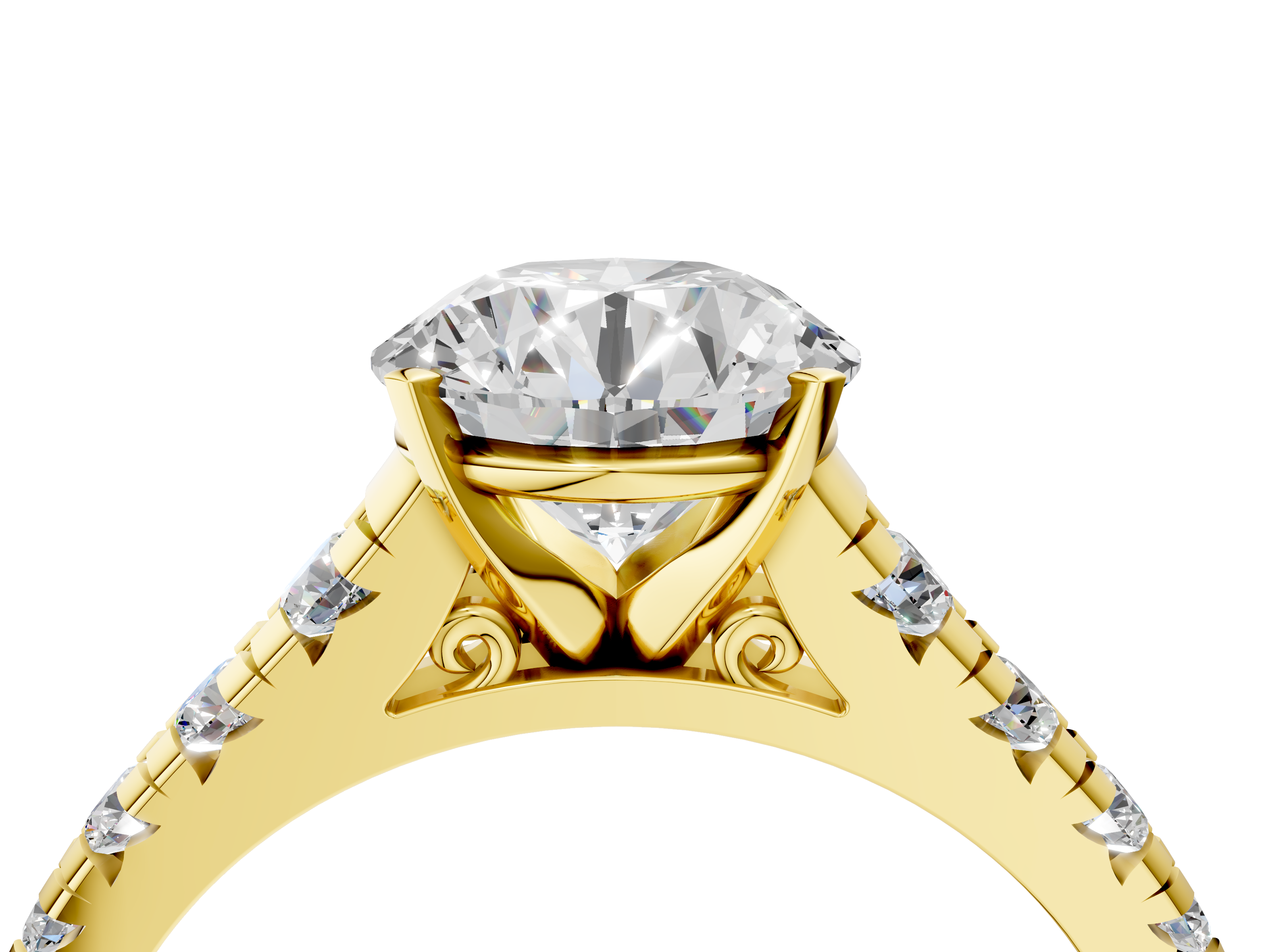 Yellow gold Round Cut Diamond Solitaire with Pave Band and Four-Prong Setting_134
