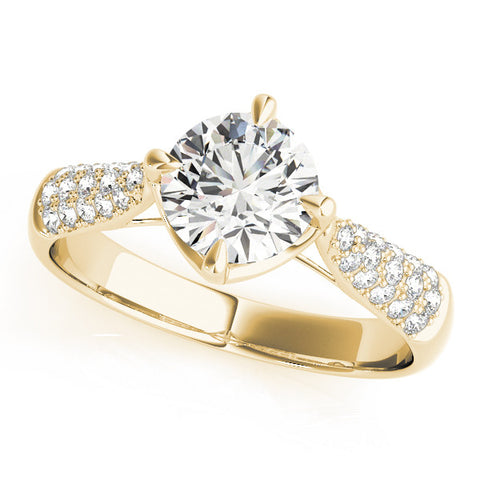 Yellow gold Round Cut Diamond Solitaire with Pave Band and Four-Prong Setting