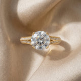 14K Yellow Gold 0.95 Carat E VS1 Round Diamond Split Shank Engagement Ring with Pavé Band