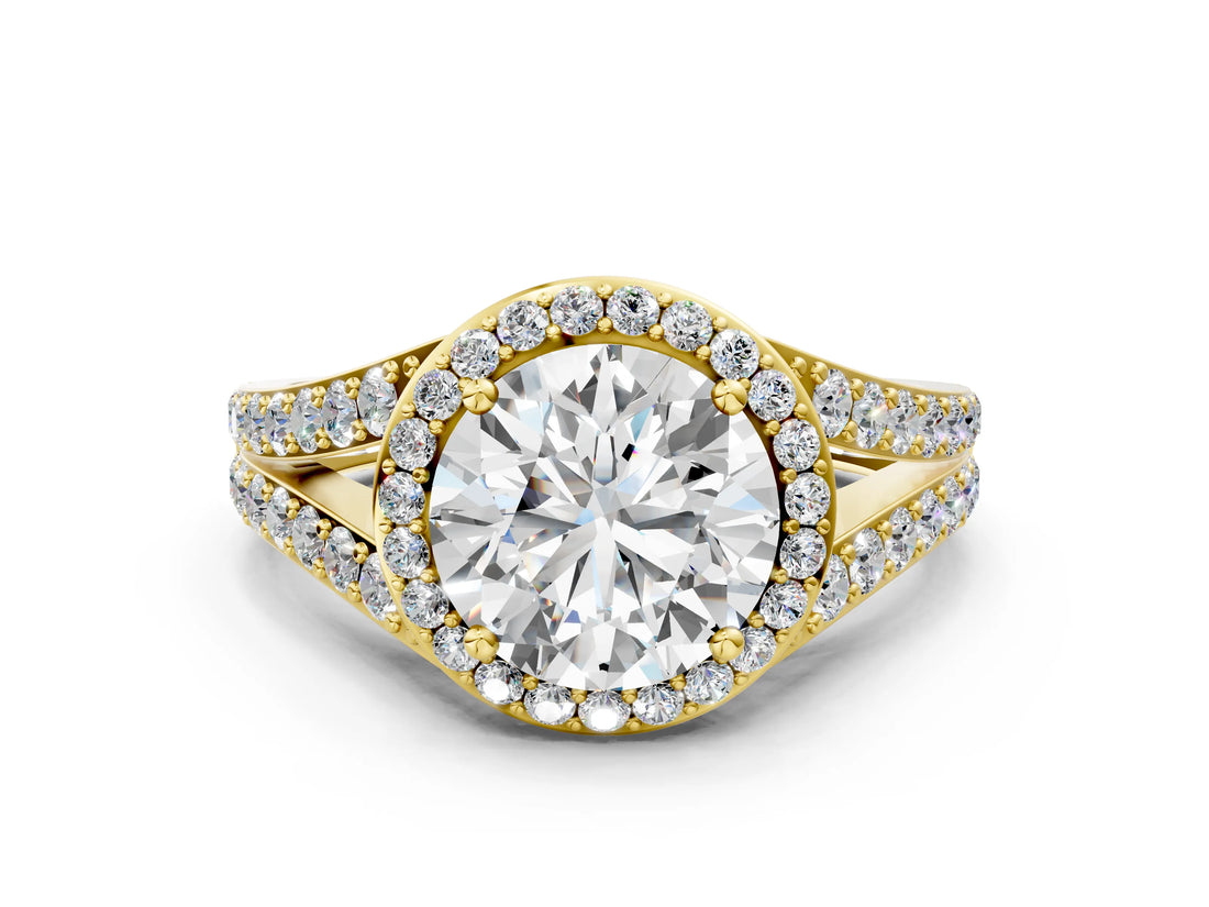 Yellow gold Round Cut Diamond Split Shank Halo Ring with Four-Prong Setting_65