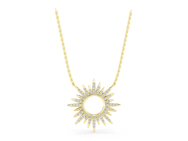 Yellow gold Round Cut Diamond Sunburst Pendant with Pavé Setting