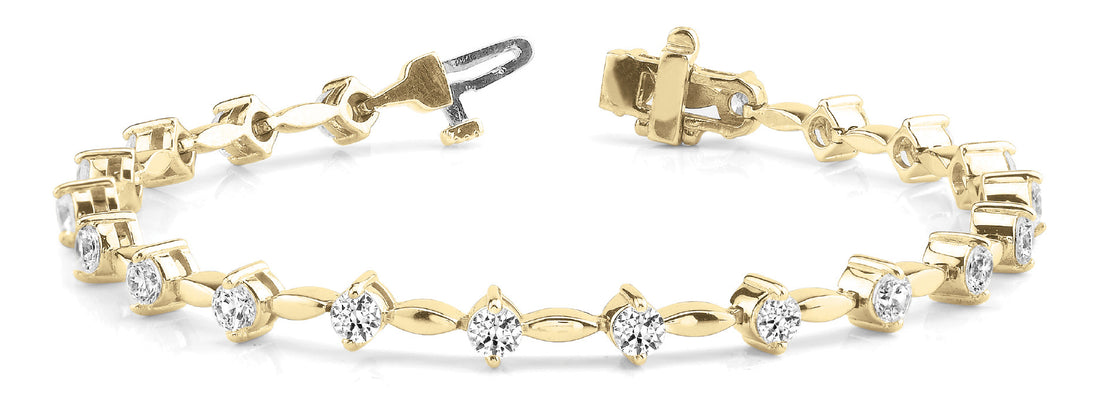 Yellow gold Round Cut Diamond Tennis Bracelet with Bezel Setting and Marquise Link Band
