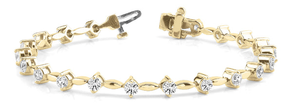 Yellow gold Round Cut Diamond Tennis Bracelet with Bezel Setting and Marquise Link Band