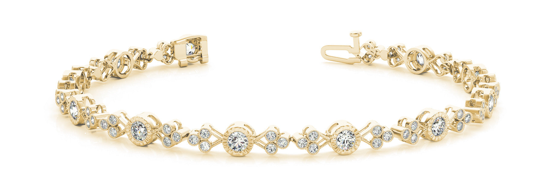 Yellow gold Round Cut Diamond Tennis Bracelet with Bezel Setting and Milgrain Band